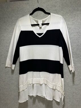 Chico’s Striped  V-Neck Sweater with Chiffon Hem - Black & White